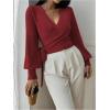 image:imageSOLY HUX Womens Long Sleeve V Neck Wrap Belted Sweater Elegant Office Knitted Crop Tops Fall OutfitsPlain Burgundy
