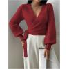 image:imageSOLY HUX Womens Long Sleeve V Neck Wrap Belted Sweater Elegant Office Knitted Crop Tops Fall OutfitsPlain Burgundy