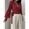 image:imageSOLY HUX Womens Long Sleeve V Neck Wrap Belted Sweater Elegant Office Knitted Crop Tops Fall OutfitsPlain Burgundy