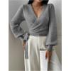 image:imageSOLY HUX Womens Long Sleeve V Neck Wrap Belted Sweater Elegant Office Knitted Crop Tops Fall OutfitsPlain Grey