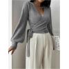 image:imageSOLY HUX Womens Long Sleeve V Neck Wrap Belted Sweater Elegant Office Knitted Crop Tops Fall OutfitsPlain Grey