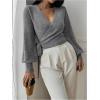 image:imageSOLY HUX Womens Long Sleeve V Neck Wrap Belted Sweater Elegant Office Knitted Crop Tops Fall OutfitsPlain Grey