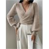 image:imageSOLY HUX Womens Long Sleeve V Neck Wrap Belted Sweater Elegant Office Knitted Crop Tops Fall OutfitsPlain Khaki