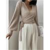 image:imageSOLY HUX Womens Long Sleeve V Neck Wrap Belted Sweater Elegant Office Knitted Crop Tops Fall OutfitsPlain Khaki