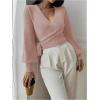 image:imageSOLY HUX Womens Long Sleeve V Neck Wrap Belted Sweater Elegant Office Knitted Crop Tops Fall OutfitsPlain Pink