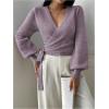 image:imageSOLY HUX Womens Long Sleeve V Neck Wrap Belted Sweater Elegant Office Knitted Crop Tops Fall OutfitsPlain Purple