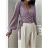 image:imageSOLY HUX Womens Long Sleeve V Neck Wrap Belted Sweater Elegant Office Knitted Crop Tops Fall OutfitsPlain Purple