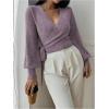 image:imageSOLY HUX Womens Long Sleeve V Neck Wrap Belted Sweater Elegant Office Knitted Crop Tops Fall OutfitsPlain Purple