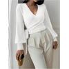 image:imageSOLY HUX Womens Long Sleeve V Neck Wrap Belted Sweater Elegant Office Knitted Crop Tops Fall OutfitsPlain White