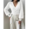 image:imageSOLY HUX Womens Long Sleeve V Neck Wrap Belted Sweater Elegant Office Knitted Crop Tops Fall OutfitsPlain White
