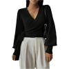 image:imageSOLY HUX Womens Long Sleeve V Neck Wrap Belted Sweater Elegant Office Knitted Crop Tops Fall OutfitsPlain Black