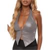 image:imageSOLY HUX Womens PU Leather Halter Tank Tops Sexy Deep V Neck Asymmetrical Vest Corset Party ClubwearLight Grey
