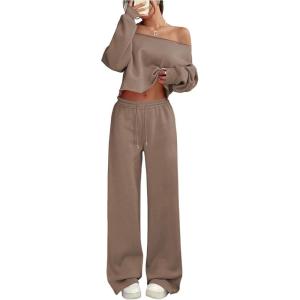 image:imageSOLY HUX Womens 2 Piece Outfits Fall Sweatsuits Off The Shoulder Crop Top Wide Leg Sweatpants Casual Matching Lounge SetsCoffee Brown