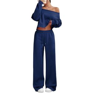 image:imageSOLY HUX Womens 2 Piece Outfits Fall Sweatsuits Off The Shoulder Crop Top Wide Leg Sweatpants Casual Matching Lounge SetsDark Blue