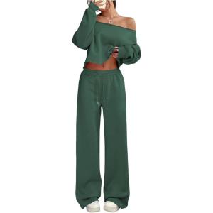 image:imageSOLY HUX Womens 2 Piece Outfits Fall Sweatsuits Off The Shoulder Crop Top Wide Leg Sweatpants Casual Matching Lounge SetsDark Green