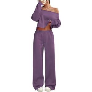 image:imageSOLY HUX Womens 2 Piece Outfits Fall Sweatsuits Off The Shoulder Crop Top Wide Leg Sweatpants Casual Matching Lounge SetsDusty Purple