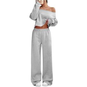 image:imageSOLY HUX Womens 2 Piece Outfits Fall Sweatsuits Off The Shoulder Crop Top Wide Leg Sweatpants Casual Matching Lounge SetsLight Grey
