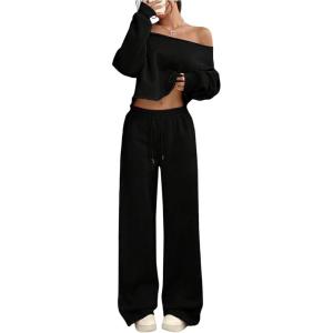 image:imageSOLY HUX Womens 2 Piece Outfits Fall Sweatsuits Off The Shoulder Crop Top Wide Leg Sweatpants Casual Matching Lounge SetsPlain Black