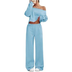 image:imageSOLY HUX Womens 2 Piece Outfits Fall Sweatsuits Off The Shoulder Crop Top Wide Leg Sweatpants Casual Matching Lounge SetsPlain Blue