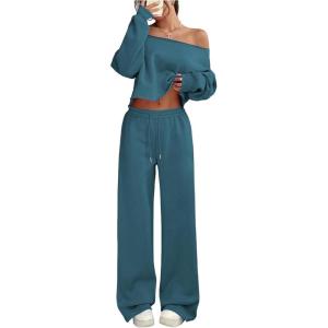 image:imageSOLY HUX Womens 2 Piece Outfits Fall Sweatsuits Off The Shoulder Crop Top Wide Leg Sweatpants Casual Matching Lounge SetsPlain Green
