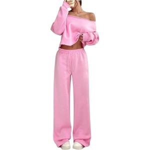 image:imageSOLY HUX Womens 2 Piece Outfits Fall Sweatsuits Off The Shoulder Crop Top Wide Leg Sweatpants Casual Matching Lounge SetsPlain Pink