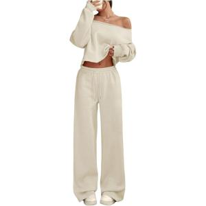 image:imageSOLY HUX Womens 2 Piece Outfits Fall Sweatsuits Off The Shoulder Crop Top Wide Leg Sweatpants Casual Matching Lounge SetsPure Apricot