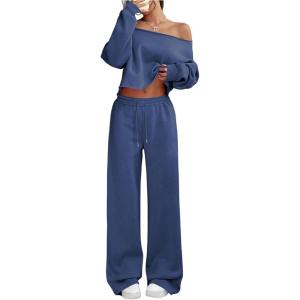 image:imageSOLY HUX Womens 2 Piece Outfits Fall Sweatsuits Off The Shoulder Crop Top Wide Leg Sweatpants Casual Matching Lounge SetsPure Blue