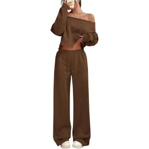 image:imageSOLY HUX Womens 2 Piece Outfits Fall Sweatsuits Off The Shoulder Crop Top Wide Leg Sweatpants Casual Matching Lounge SetsPure Brown