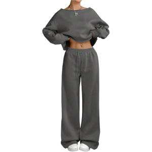 image:imageSOLY HUX Womens 2 Piece Outfits Fall Sweatsuits Off The Shoulder Crop Top Wide Leg Sweatpants Casual Matching Lounge SetsPure Grey