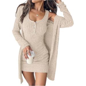 image:imageSOLY HUX Womens 2 Piece Sweater Dress Set Knit Long Sleeve Open Front Cardigan and Bodycon Mini Dress Fall OutfitPlain Apricot