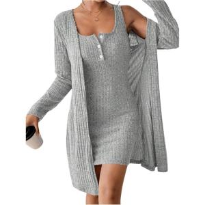 image:imageSOLY HUX Womens 2 Piece Sweater Dress Set Knit Long Sleeve Open Front Cardigan and Bodycon Mini Dress Fall OutfitPlain Grey