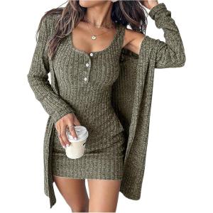 image:imageSOLY HUX Womens 2 Piece Sweater Dress Set Knit Long Sleeve Open Front Cardigan and Bodycon Mini Dress Fall OutfitPure Army Green