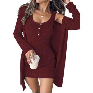 image:imageSOLY HUX Womens 2 Piece Sweater Dress Set Knit Long Sleeve Open Front Cardigan and Bodycon Mini Dress Fall OutfitPure Burgundy