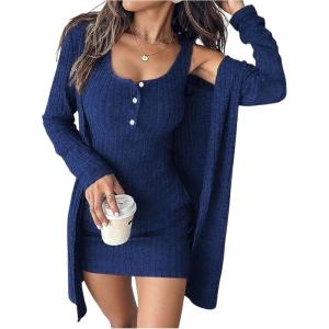 image:imageSOLY HUX Womens 2 Piece Sweater Dress Set Knit Long Sleeve Open Front Cardigan and Bodycon Mini Dress Fall OutfitPure Dark Blue
