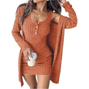 image:imageSOLY HUX Womens 2 Piece Sweater Dress Set Knit Long Sleeve Open Front Cardigan and Bodycon Mini Dress Fall OutfitPure Orange