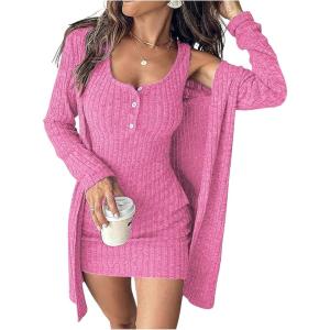 image:imageSOLY HUX Womens 2 Piece Sweater Dress Set Knit Long Sleeve Open Front Cardigan and Bodycon Mini Dress Fall OutfitPure Pink