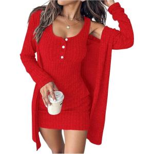 image:imageSOLY HUX Womens 2 Piece Sweater Dress Set Knit Long Sleeve Open Front Cardigan and Bodycon Mini Dress Fall OutfitPure Red