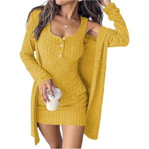 image:imageSOLY HUX Womens 2 Piece Sweater Dress Set Knit Long Sleeve Open Front Cardigan and Bodycon Mini Dress Fall OutfitPure Yellow