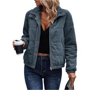 image:imageSOLY HUX Womens Corduroy Quilted Puffer Jacket Zip Up Long Sleeve Padded Bomber Barn Jackets Coat with PocketsPlain Blue