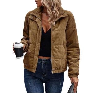 image:imageSOLY HUX Womens Corduroy Quilted Puffer Jacket Zip Up Long Sleeve Padded Bomber Barn Jackets Coat with PocketsPlain Brown