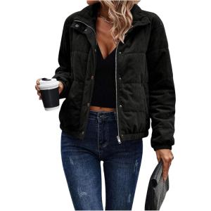 image:imageSOLY HUX Womens Corduroy Quilted Puffer Jacket Zip Up Long Sleeve Padded Bomber Barn Jackets Coat with PocketsPure Black