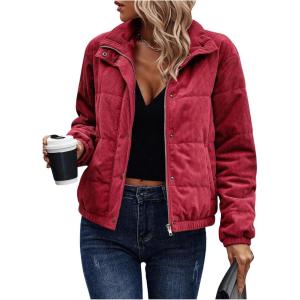 image:imageSOLY HUX Womens Corduroy Quilted Puffer Jacket Zip Up Long Sleeve Padded Bomber Barn Jackets Coat with PocketsPure Burgundy