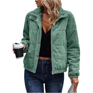 image:imageSOLY HUX Womens Corduroy Quilted Puffer Jacket Zip Up Long Sleeve Padded Bomber Barn Jackets Coat with PocketsPure Mint Green