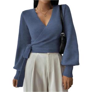 image:imageSOLY HUX Womens Long Sleeve V Neck Wrap Belted Sweater Elegant Office Knitted Crop Tops Fall OutfitsDark Blue