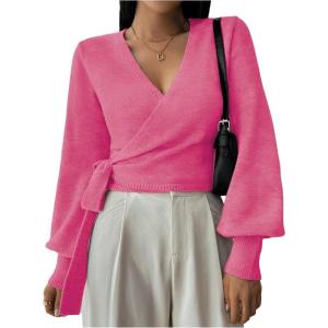 image:imageSOLY HUX Womens Long Sleeve V Neck Wrap Belted Sweater Elegant Office Knitted Crop Tops Fall OutfitsHot Pink