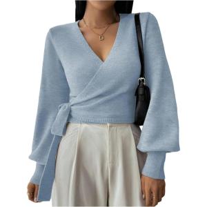 image:imageSOLY HUX Womens Long Sleeve V Neck Wrap Belted Sweater Elegant Office Knitted Crop Tops Fall OutfitsLight Blue