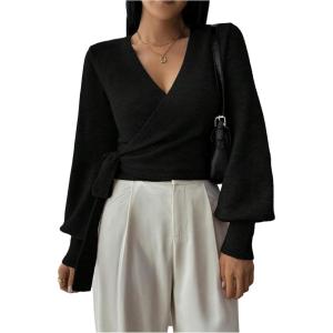 image:imageSOLY HUX Womens Long Sleeve V Neck Wrap Belted Sweater Elegant Office Knitted Crop Tops Fall OutfitsPlain Black
