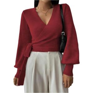 image:imageSOLY HUX Womens Long Sleeve V Neck Wrap Belted Sweater Elegant Office Knitted Crop Tops Fall OutfitsPlain Burgundy