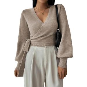 image:imageSOLY HUX Womens Long Sleeve V Neck Wrap Belted Sweater Elegant Office Knitted Crop Tops Fall OutfitsPlain Khaki