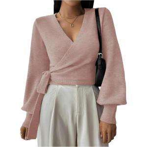 image:imageSOLY HUX Womens Long Sleeve V Neck Wrap Belted Sweater Elegant Office Knitted Crop Tops Fall OutfitsPlain Pink